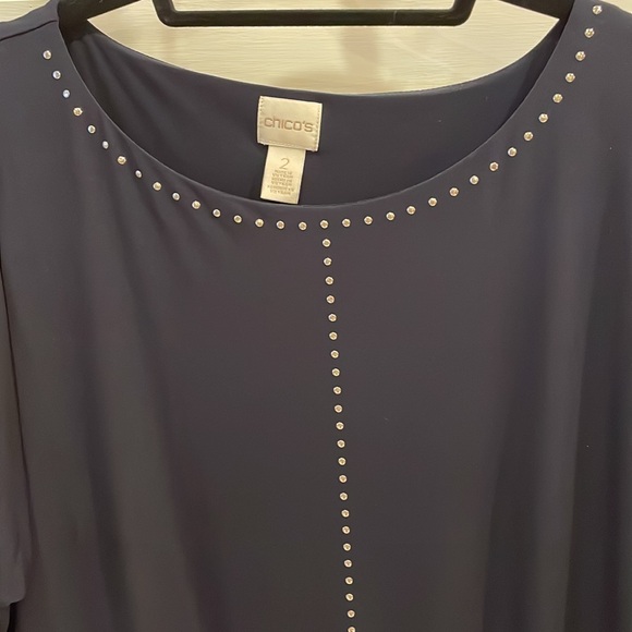Chico’s Size 2 ( 12/14) Navy Studded Top with Raglan 3/4 Sleeves. - Picture 2 of 10